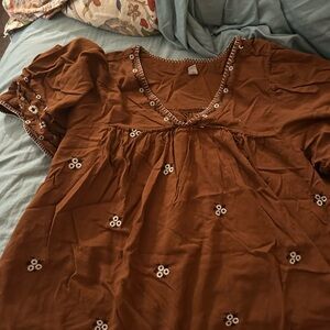 torrid Brown Embroidered V-Neck Peasant Blouse